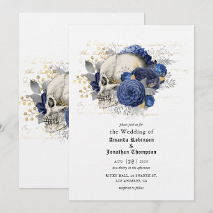 Convite Casamento Gótico de Halloween Crânio Floral Azul