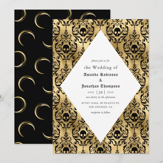 Convite Casamento Gótico de Halloween em Preto e Dourado D (Frente/Verso)