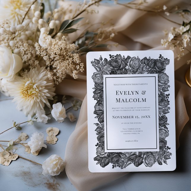 Convite Casamento Gótico de Rosas Negra e Branca (Criador carregado)