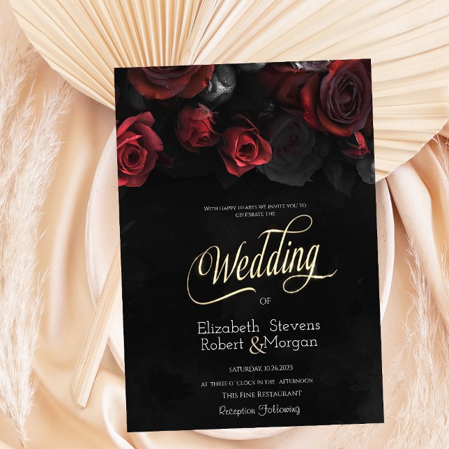 Convite Casamento Gótico de Rosas Vermelhas Elegantes (Criador carregado)
