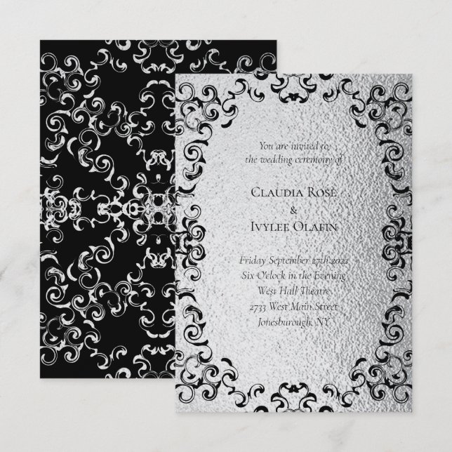 Convite Casamento Gótico de Silver e Black Swirl (Frente/Verso)