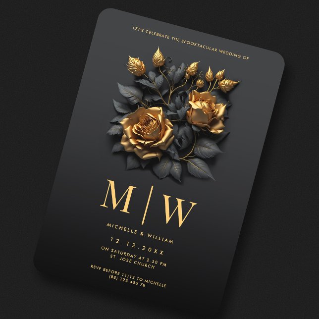 Convite Casamento Gótico dos Rosas Dourados Negra (Black Gold Roses QR Gothic Wedding Invitation
)