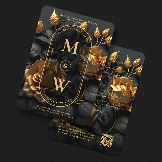 Convite Casamento Gótico Dourado Rosa Boho Lux, Elegante (Elegant Gothic Floral Black Gold Boho Lux Wedding Invitation
)