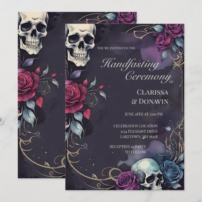 Convite Casamento Gótico Elegante Caveira & Rosa (Frente/Verso)