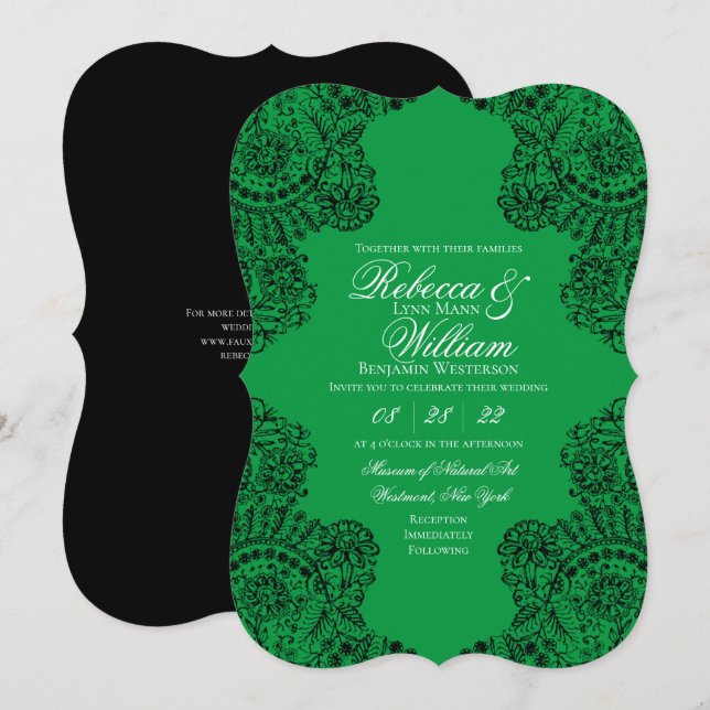 Convite Casamento Gótico Elegante de Lace Verde e Negro (Frente/Verso)