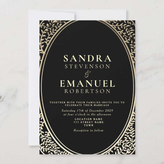 Convite Casamento Gótico Elegante Preto e Dourado (Frente)