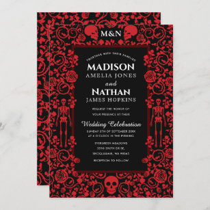 Convite Casamento Gótico Elegante Victoriano Vermelho e Ne