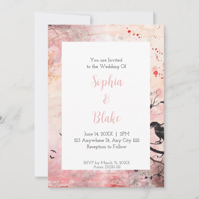 Convite Casamento Gótico em Aquarela Rosa e Laranja (Frente)