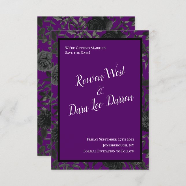 Convite Casamento gótico em roxo e Rosa preto Salve a data (Frente/Verso)