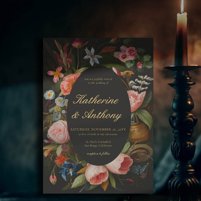Convite Casamento Gótico Escuro dos Sonhos Românticos (moody romantic wedding invitation pink floral frame painting dutch masters elegant gothic dark black)