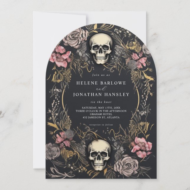 Convite Casamento Gótico Escuro Floral de Morte do Crânio (Frente)