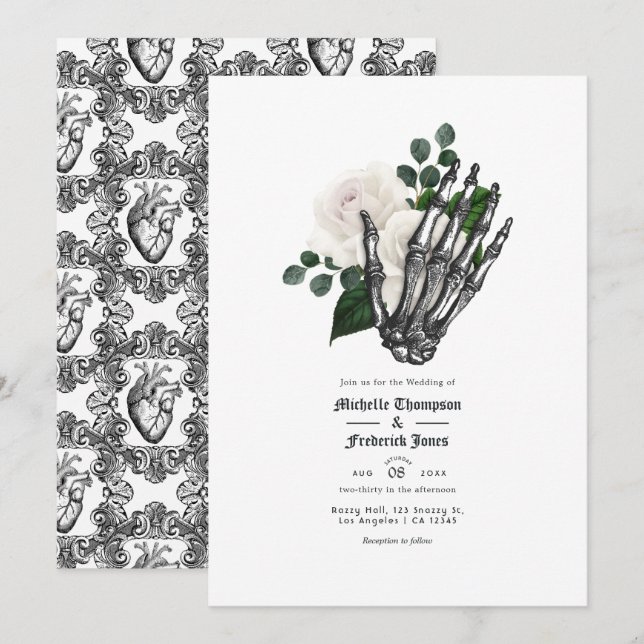 Convite Casamento Gótico Floral Branco (Frente/Verso)