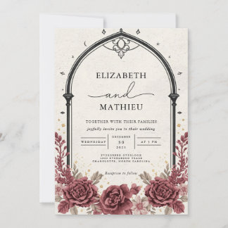 Convite Casamento Gótico Floral da Elegante Burgundy