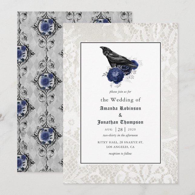 Convite Casamento Gótico Floral e Renda (Frente/Verso)