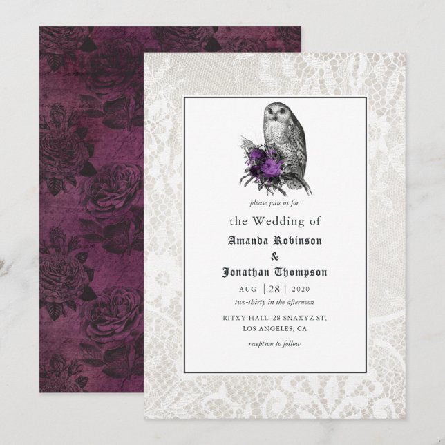 Convite Casamento Gótico Floral e Renda (Frente/Verso)
