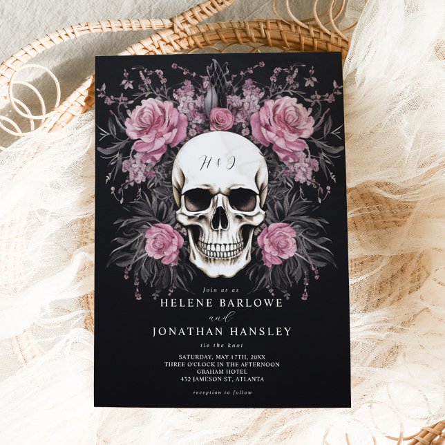 Convite Casamento Gótico Floral Maldito Escuro (Skull Dark Moody Floral Gothic Wedding Invitation)