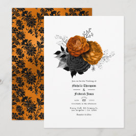 Convite Casamento Gótico Floral Negro e Laranja