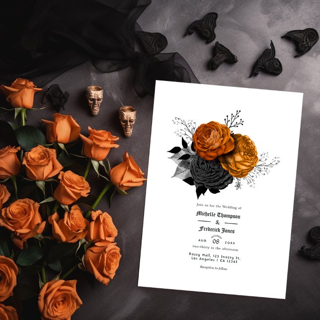 Convite Casamento Gótico Floral Negro e Laranja (Criador carregado)