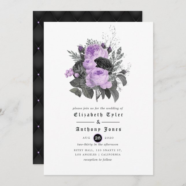 Convite Casamento Gótico Floral Preto Roxo e Prata (Frente/Verso)