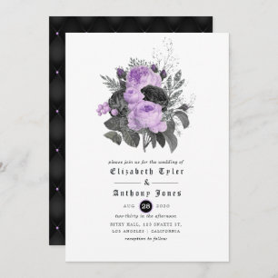 Convite Casamento Gótico Floral Preto Roxo e Prata