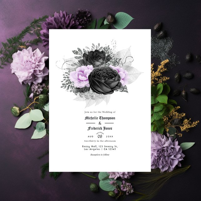 Convite Casamento Gótico Floral Preto Roxo e Prata (Criador carregado)