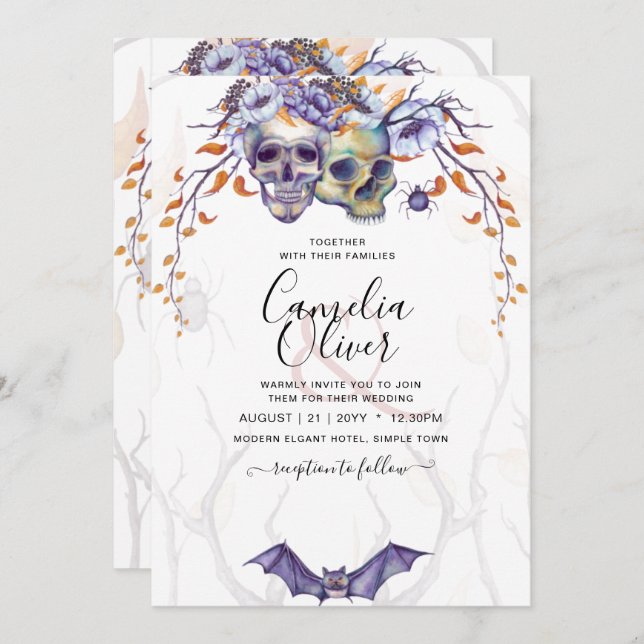 Convite Casamento Gótico Invitação Cascas Laranja Roxas (Frente/Verso)