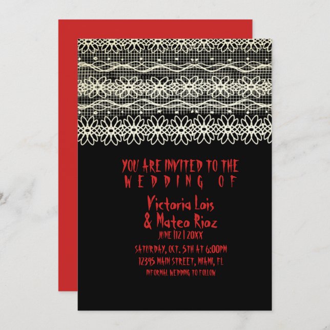 Convite Casamento Gótico Lace Red Black Invitation (Frente/Verso)