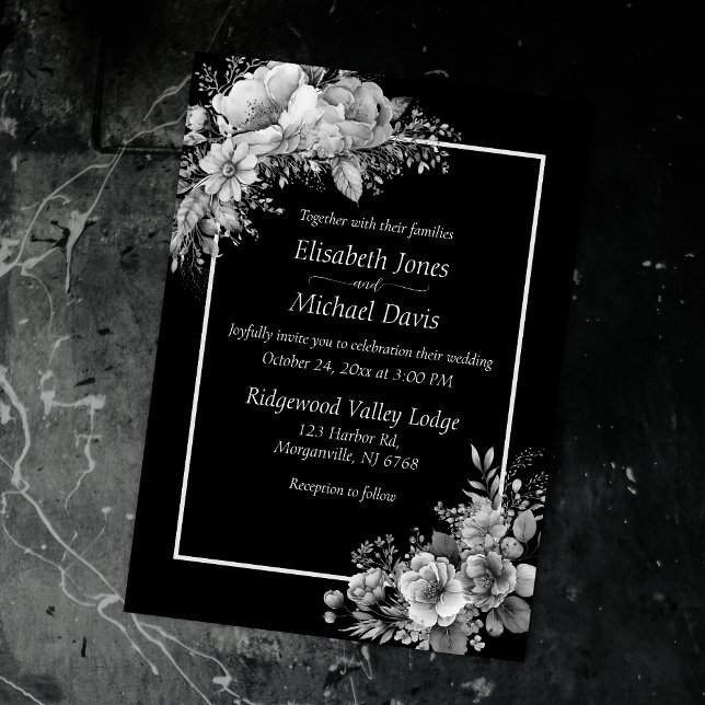 Convite Casamento Gótico Moderno E Negro Elegante E Branco (Monochromatic palette embodies mystery & sophistication for your Gothic Halloween wedding.)