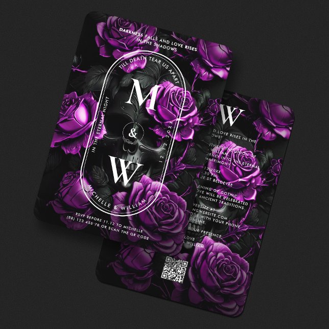 Convite Casamento gótico Monograma Rosas roxas do crânio (Gothic Wedding Monogram Skull Purple Roses Invitation
)