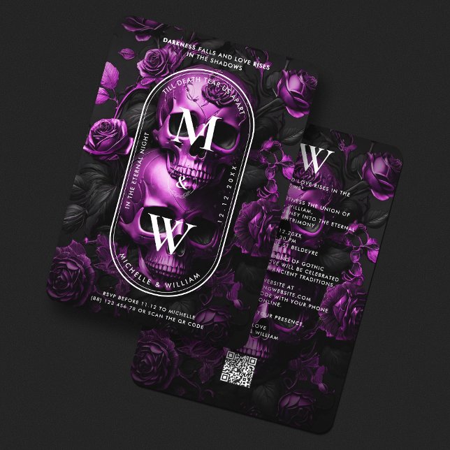 Convite Casamento Gótico Monograma Rosas Roxo Escuro (Gothic Wedding Skull Roses Purple Monogram Invitation
)