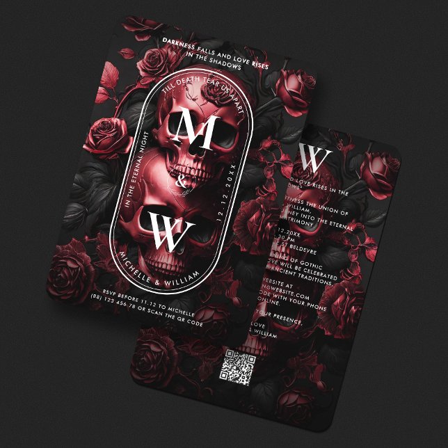 Convite Casamento Gótico Negra Rosa do Crânio Elegante (Elegant Skull Roses Black Red Gothic Wedding Invitation
)