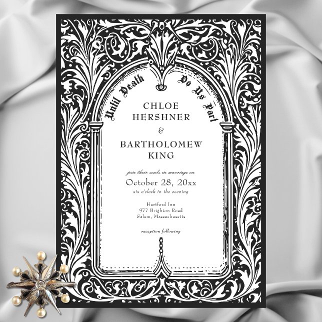 Convite Casamento Gótico Preto Branco Medieval Até a Morte (Gothic Black White Medieval Until Death Wedding Invitation)