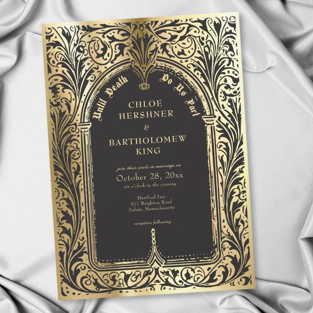 Convite Casamento Gótico Preto Dourado Medieval Até a Mort (Gothic Black Gold Medieval Until Death Wedding Invitation)