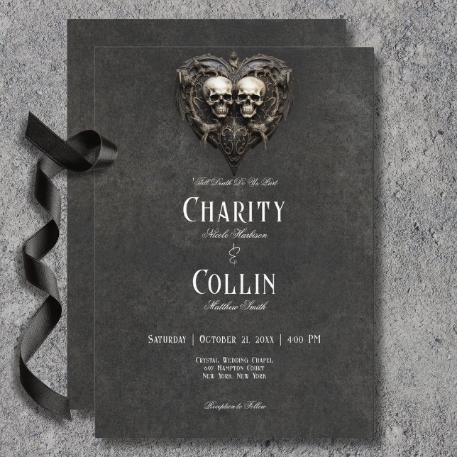 Convite Casamento Gótico Preto e Branco e Coração (Gothic Black & White Skulls & Heart Wedding Invitation)