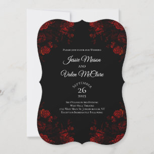 Convite Casamento Gótico Preto e Vermelho Floral Elegante