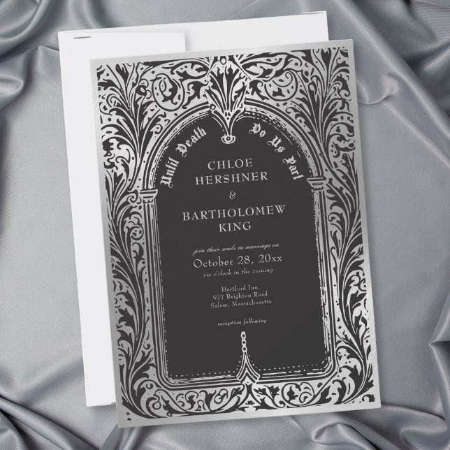 Convite Casamento Gótico Preto Prata Medieval Até a Morte (Gothic Black Silver Medieval Until Death Wedding Invitation)