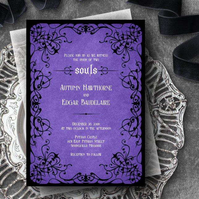 Convite Casamento Gótico Preto Roxo (Criador carregado)