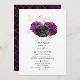 Convite Casamento Gótico Preto Roxo e Dourado Floral