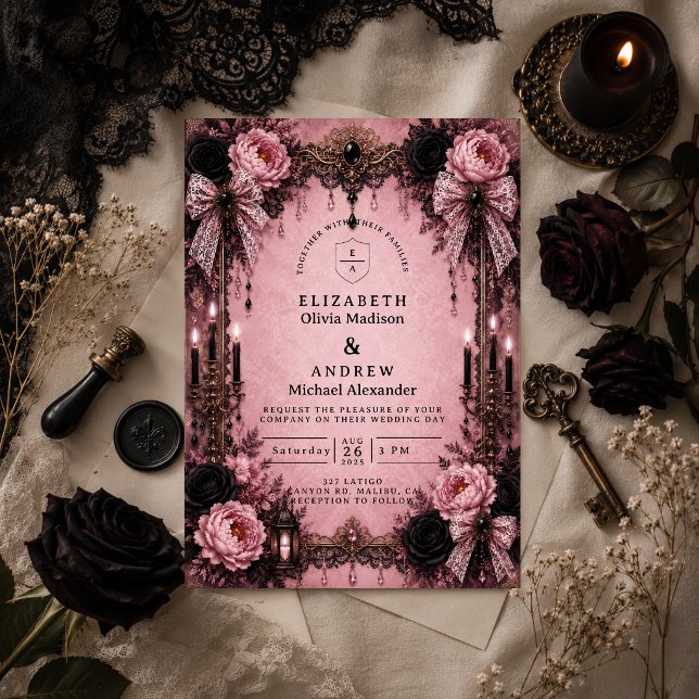 Convite Casamento Gótico Romântico Rosa (Criador carregado)