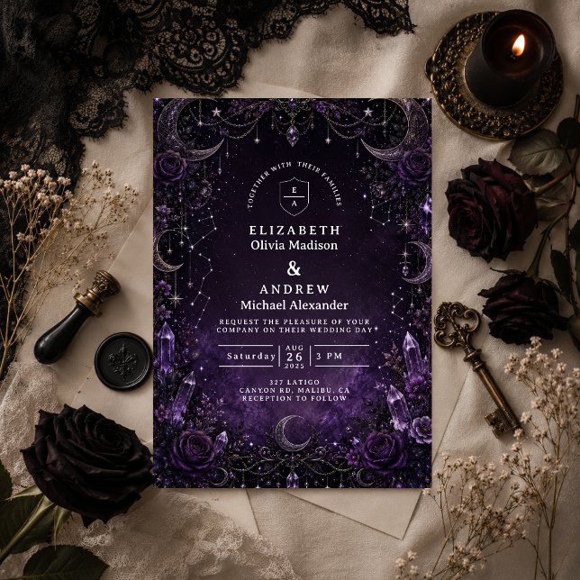 Convite Casamento Gótico Romântico Roxo (Criador carregado)