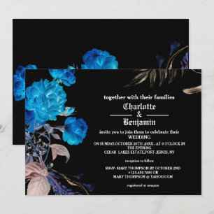 Convite Casamento Gótico Rosa Azul Escuro & Dourado
