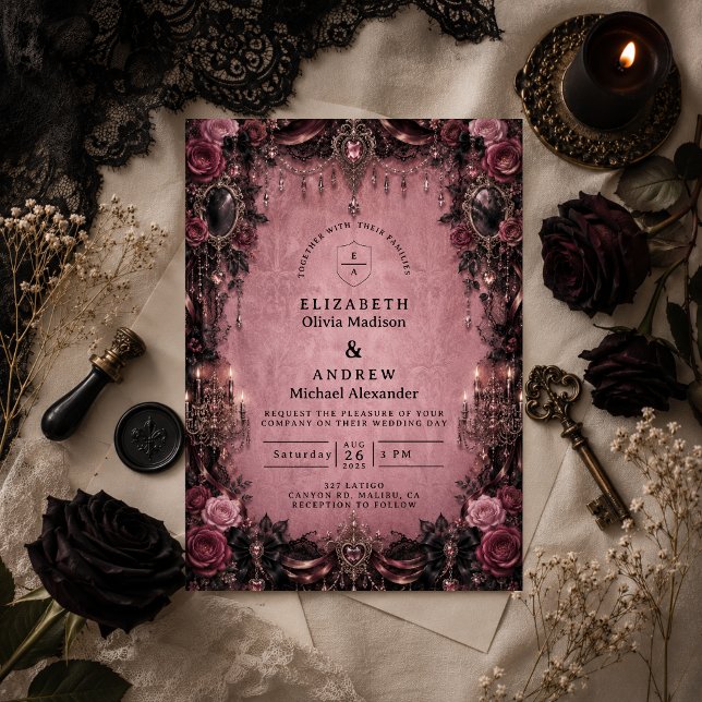 Convite Casamento Gótico Rosa Caprichoso (Criador carregado)