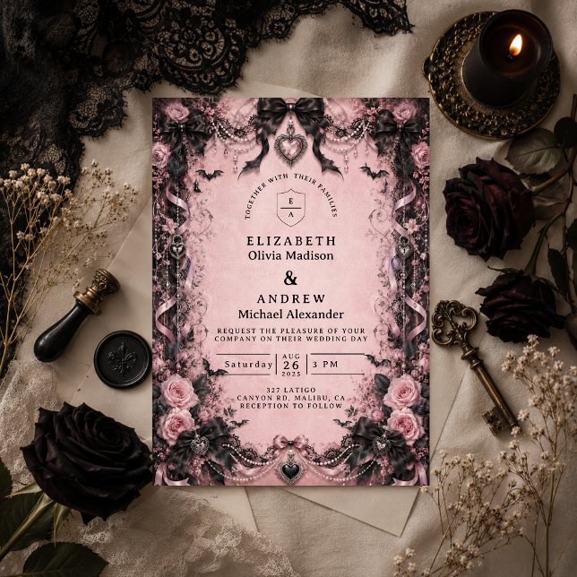Convite Casamento Gótico Rosa Elegante (Criador carregado)