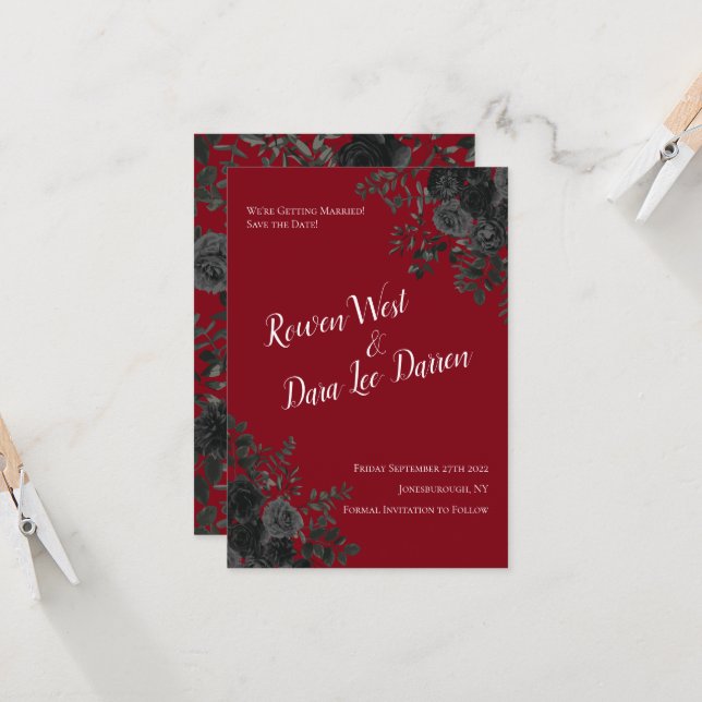 Convite Casamento Gótico Rosa Vermelho e Negro Salve a Dat (Frente/Verso In Situ)
