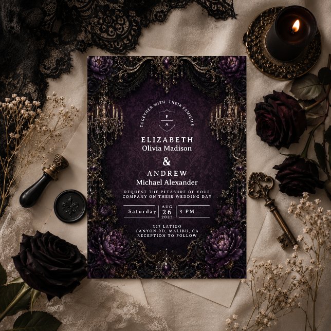 Convite Casamento Gótico Roxo Elegante (Criador carregado)