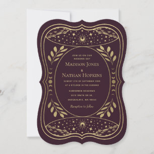 Convite Casamento Gótico Tarot Vintage Dourado e Borgonha