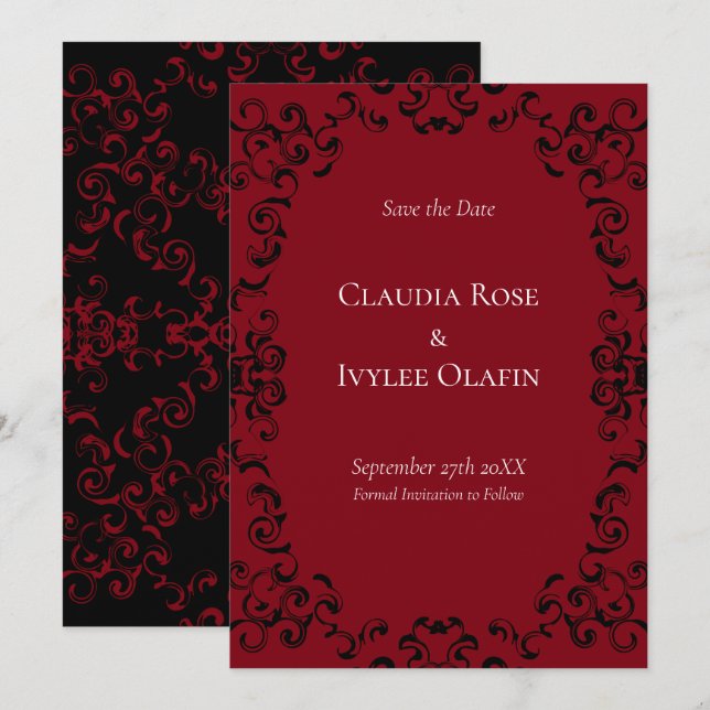 Convite Casamento Gótico Vermelho e Negro (Frente/Verso)