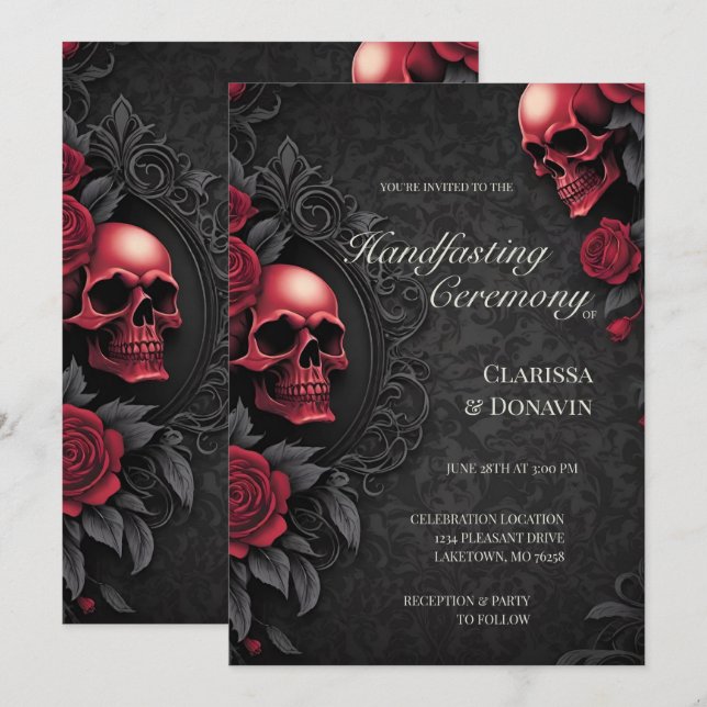 Convite Casamento Gótico Vermelho e Preto com Caveira e Ro (Frente/Verso)