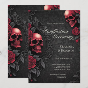 Convite Casamento Gótico Vermelho e Preto com Caveira e Ro
