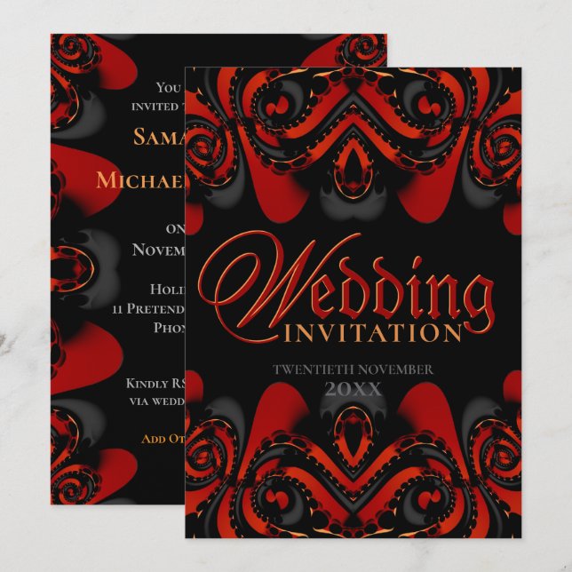 Convite Casamento Gótico Vermelho Exótico Preto (Frente/Verso)